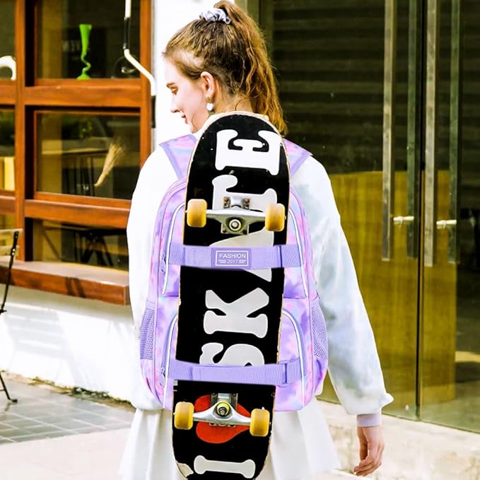 17 Inches Backpack for Girls Women, 3Pcs Tie-dye College School Bookbag Set for Teens Students, Water Resistant Laptop Backpacks with Lunch Bag(Purple)