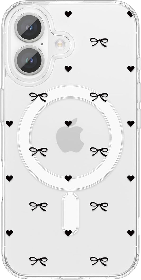 ZTOFERA for iPhone 16 Magnetic Case Clear,Cute Love Heart Ribbon Bow Tie Aesthetic Phone Case,Transparent Trendy Slim Soft Shockproof Protective Phone Cover for Women Girls,Black