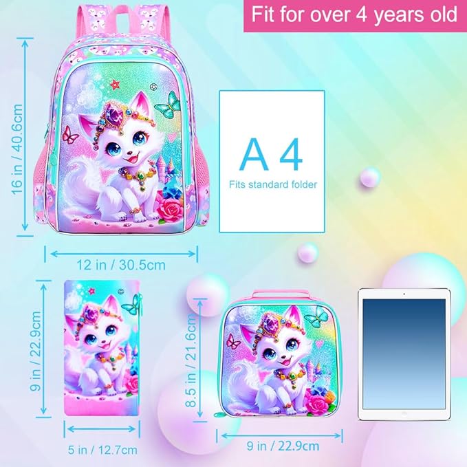 3Pcs Fox Backpack for Girls, 16" Kids Bookbag with Lunch Box，School Backpacks for Elementary Preschool Kindergarten (Pink)