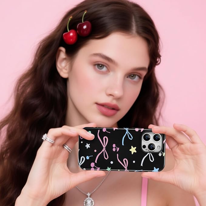 QLTYPRI Case for iPhone 16 Pro Max, Aesthetic Colorful Bow Cherry Stars Phone Case for Girls Women, Protective Hybrid 2-Layer Hard Shell Silicone Cover Durable Shockproof Phone Cover - Black