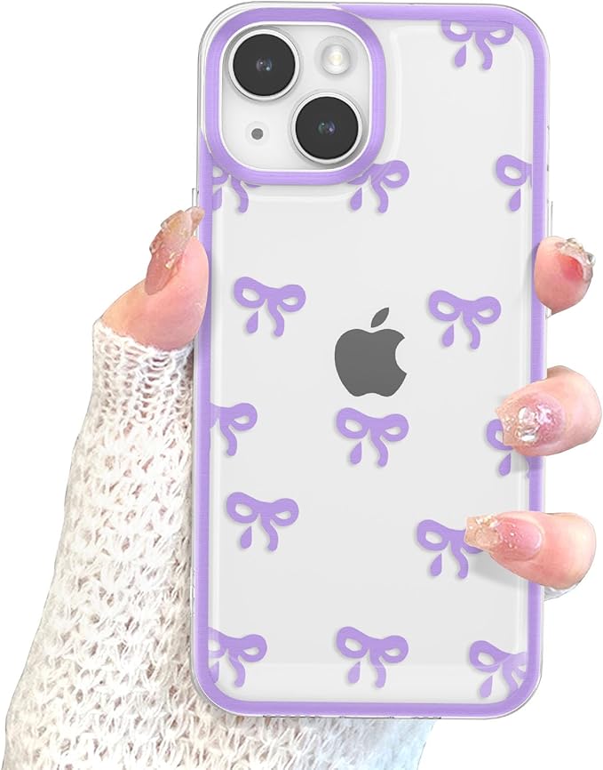 EYZUTAK Case for iPhone 13, Clear Cute Ribbon Bowknot Pattern Aesthetic Transparent Phone Case Raised Camera Protection Stylish Slim Soft Durable TPU Protective Cover for Women Girls - Purple