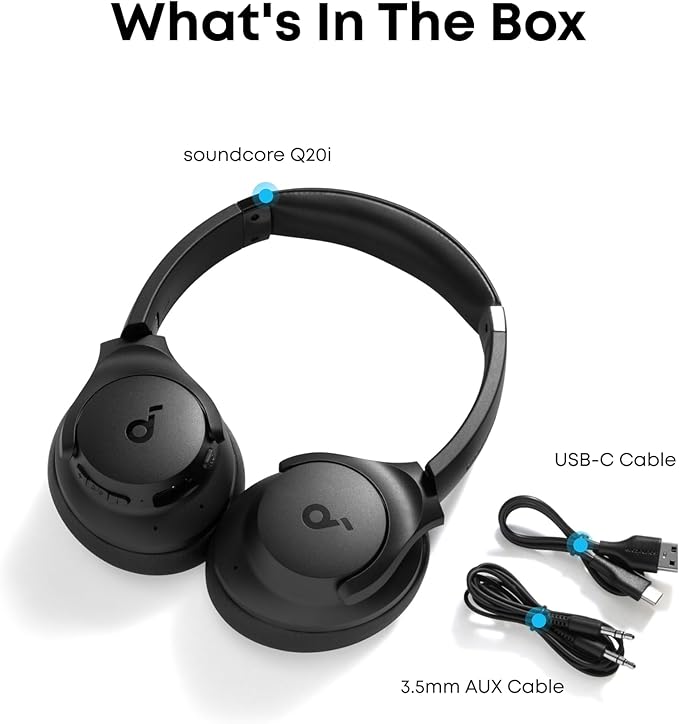 Soundcore by Anker Q20i Hybrid Active Noise Cancelling Headphones, Wireless Over-Ear Bluetooth, 40H Long ANC Playtime, Hi-Res Audio, Big Bass, Customize via an App, Transparency Mode