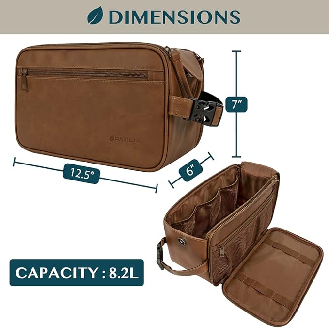 PAVILIA Toiletry Bag for Men, Travel Essentials Shaving Dopp Kit, Mens Travel Bag Toiletries Organizer Case for Grooming, PU Leather Water Resistant Cosmetic Bag Pouch (XL, Brown)
