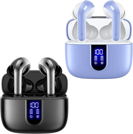 TAGRY 2 Sets X08 Purple and Black Bluetooth Headphones True Wireless Earbuds 60H Playback Ear Buds with Wireless Charging Case in-Ear Earbuds with Mic