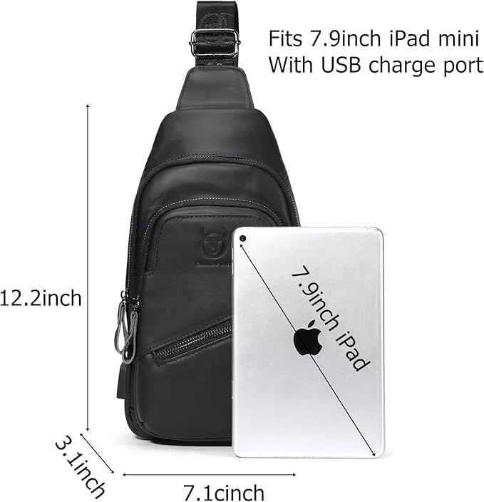 BULLCAPTAIN Leather Sling Chest Bag for Men Outdoor Hiking Travel Crossbody Bag Backpack with USB Charging Port (Black)