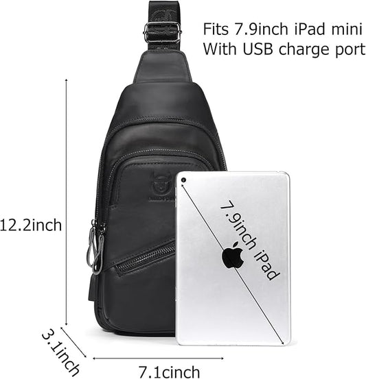 BULLCAPTAIN Leather Sling Chest Bag for Men Outdoor Hiking Travel Crossbody Bag Backpack with USB Charging Port (Black)