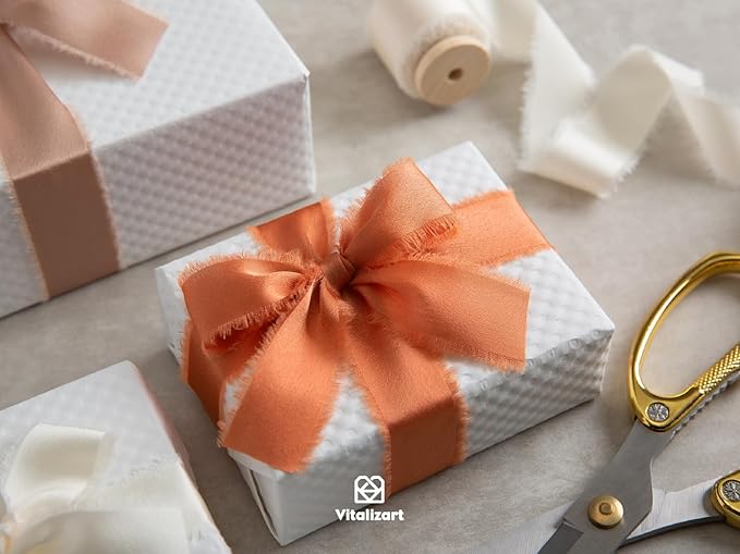 Vitalizart Silky Satin Ribbon Fall 1 Inch x 15 Yard Wooden Spool Terracotta & Cream Handmade Frayed Ribbon for Gift Wrapping Baby Shower Wedding Bridal Bouquets Holiday Decor