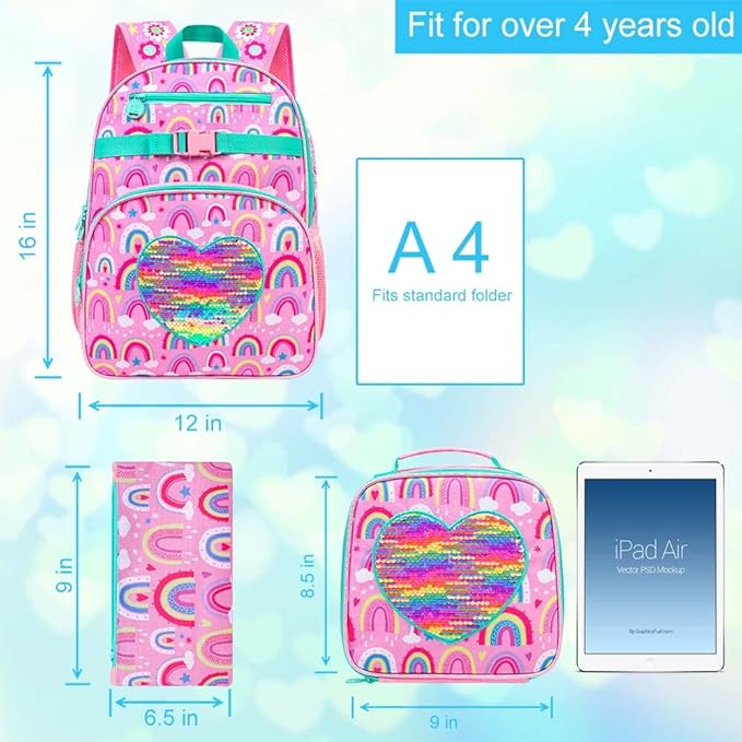 3pcs Girls Backpack, 16" Rainbow Sequin Bookbag with Lunch Box, Kids School Backpacks for Elementary Kindergarten Preschool(Pink)