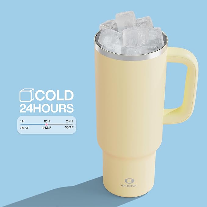 40 oz Tumbler with Handle and Straw: Stainless Steel Insulated Tumbler Keeps Cold for 24 Hours, Leakproof Travel Cup Fits in Cup Holder and BPA-Free, Light Vanilla