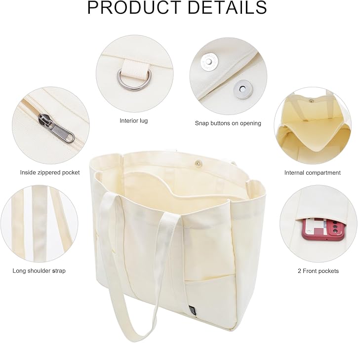 TeeYee Women's 20L Canvas Tote Bag Reusable Multi-Pocket Organizer for Travel Work Gym Shopping Large Shoulder Bag