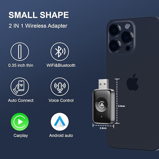 Wireless Carplay Adapter for iPhone & Android, Mini 2-in-1 CarPlay Dongle, Plug & Play, No Delay, Convert Wired to Wireless Bluetooth Apple Carplay, with USB&USB-C, for Apple iOS 10+ and 2016+ Cars