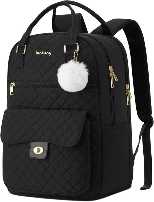 Teen Girls Backpack for School, 15.6in Laptop Backpack with Charging Hole for Travel Work, Cute Bookbag Purse Computer Daypack for Women, Black