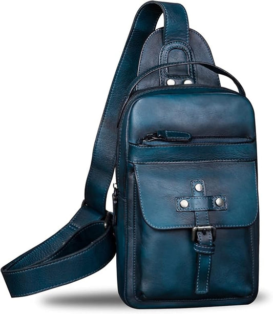 IVTG Genuine Leather Sling Bag Chest Shoulder Fanny Bag Hiking Backpack Vintage Handmade Crossbody Daypack