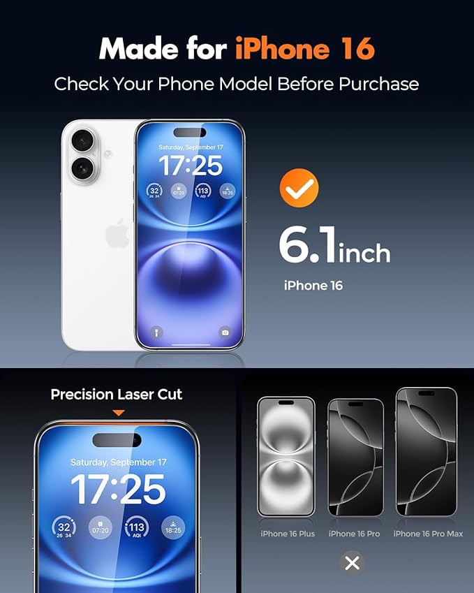 UNBREAKcable 2+2 Pack for iPhone 16 Screen Protector & Lens Protector 【Military-Grade】【Easy Install】【Efficient Night Shot】9H+ Shatterproof Tempered Glass Film,Bubble-Free&Anti-Fingerprint ,Case Friendly-6.1 inch