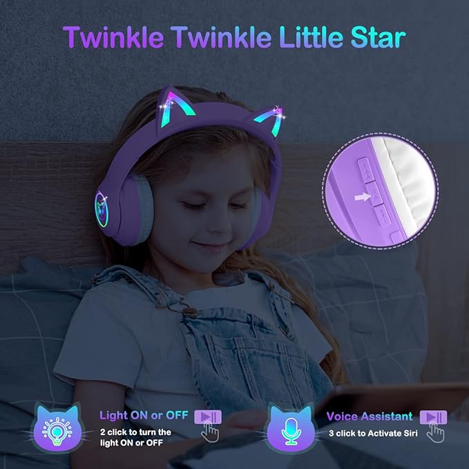 LOBKIN Bluetooth 5.4 Kids Headphones with Case - RGB LED Light Up Cat Ears Foldable Adjustable Over Ear Headphone Support Wireless or 3.5mm Wired Mode for Toddler & Girls & Boys Teens