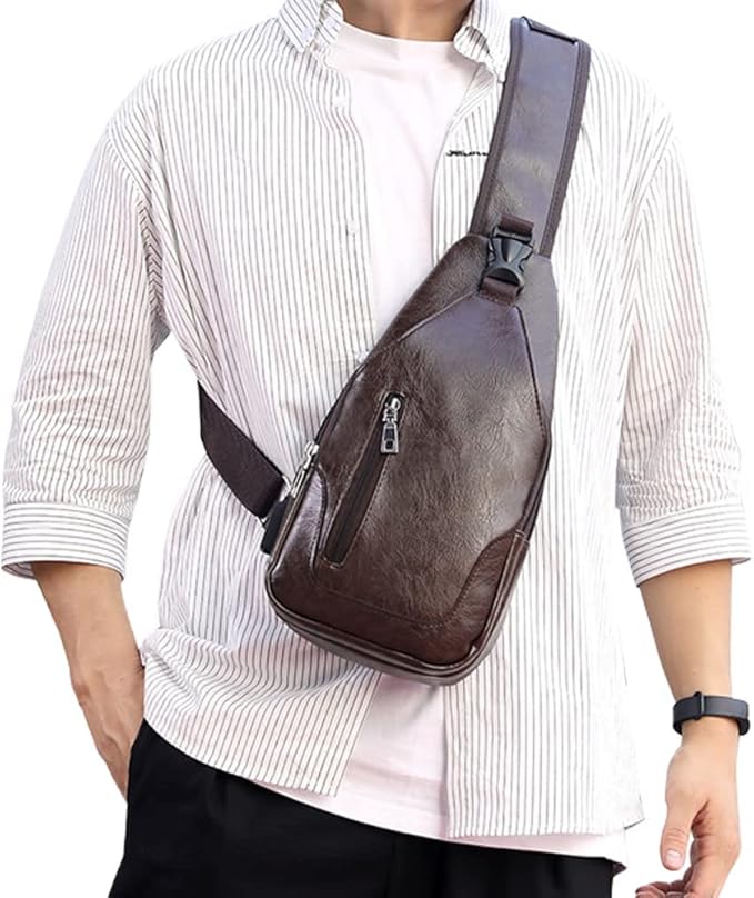 Peicees Leather Sling Bag Mens Crossbody Bag Chest Bag Sling Backpack for Men with USB Charge Port