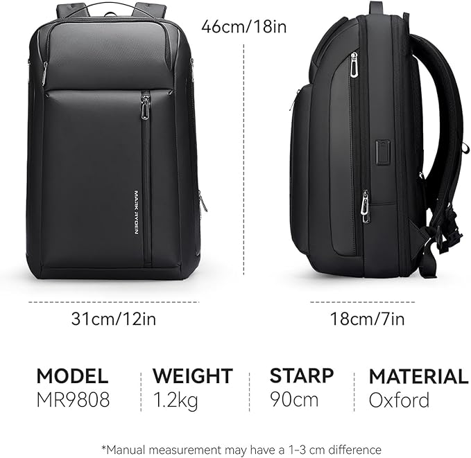 Muzee Business Backpack for Men, Travel Laptop Backpack Fits 15.6 Inch, Waterproof Expandable Bag 25L-35L, Black Work Daypack with USB & USB-C Charging Ports, Anti-Theft Pocket, Luggage Strap