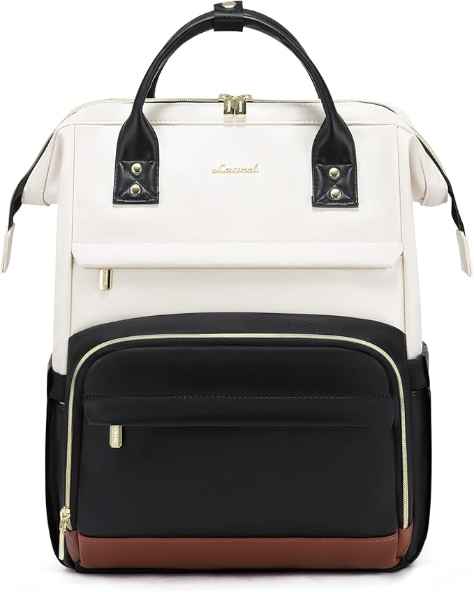 LOVEVOOK Leather Backpacks for Women,15.6 inch Leather Laptop Backpack Women,Professional Work Backpack Nurse College Teacher Bag,Womens Laptop Bag Computer Travel Backpacks,Beige White-Black-Brown