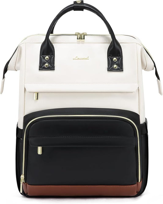 LOVEVOOK Leather Backpacks for Women,15.6 inch Leather Laptop Backpack Women,Professional Work Backpack Nurse College Teacher Bag,Womens Laptop Bag Computer Travel Backpacks,Beige White-Black-Brown