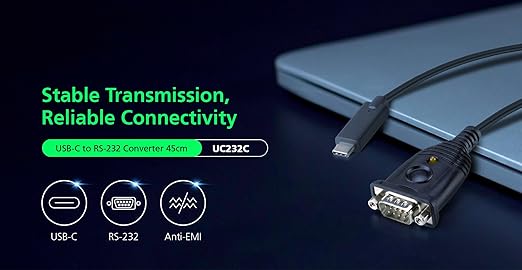 ATEN UC232C USB-C to RS-232 Adapter Cable - USB Type C Male Connectivity for laptops PCs Without a COM, DB-9 Serial Port for Windows, Mac, and Linux, Black