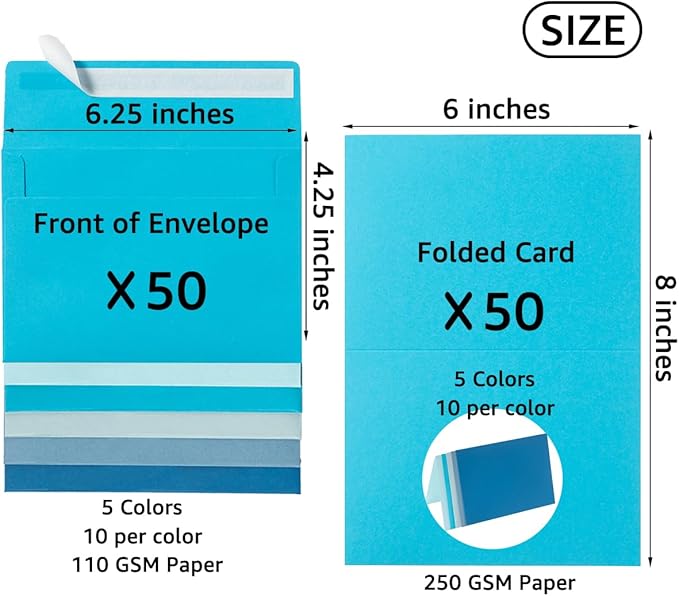 Wishop 50 Pack Blue Self-Adhesive Envelopes with Fold Cards 5 Colors for Wedding Invitations and Greeting Cards (Blue 5 Colors, 4x6)