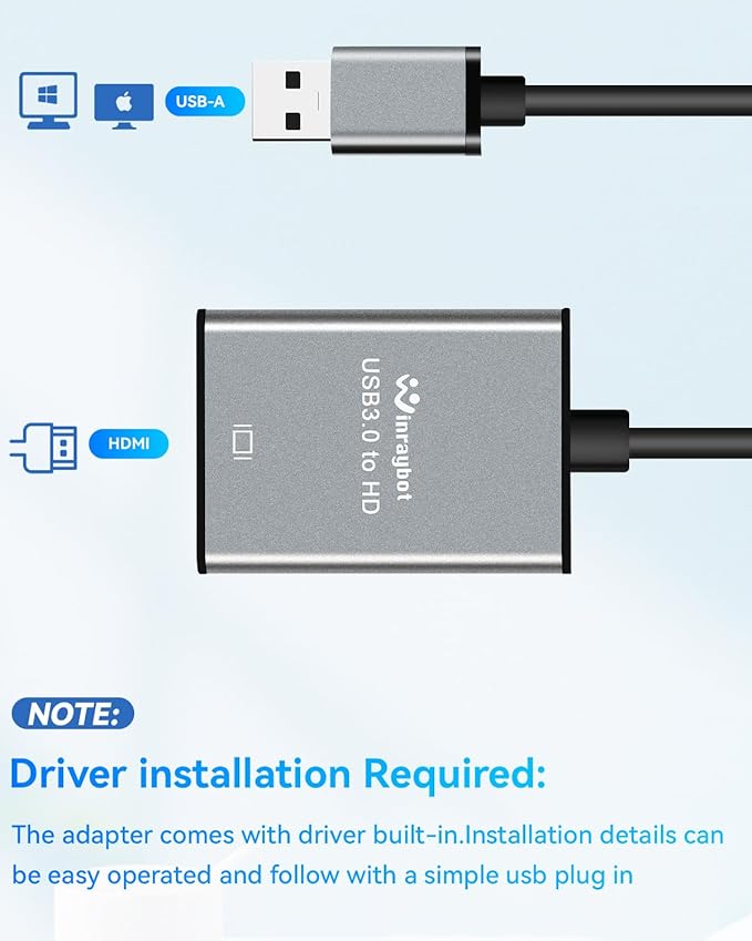 USB to HDMI Adapter,Hdmi to USBA for Monitor,USB A to HDMI for MacBook HD MI Adapter,Compatible with Windows 10/11 and Mac os,3.0 for 1080@60Hz