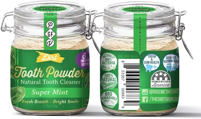 The Dirt - Remineralizing Tooth Powder, Natural Fluoride-Free Teeth Whitening Powder with Hydroxyapatite, Flouride & Gluten Free, Organic Vegan (Super Mint, 51g: 6 Month Supply)