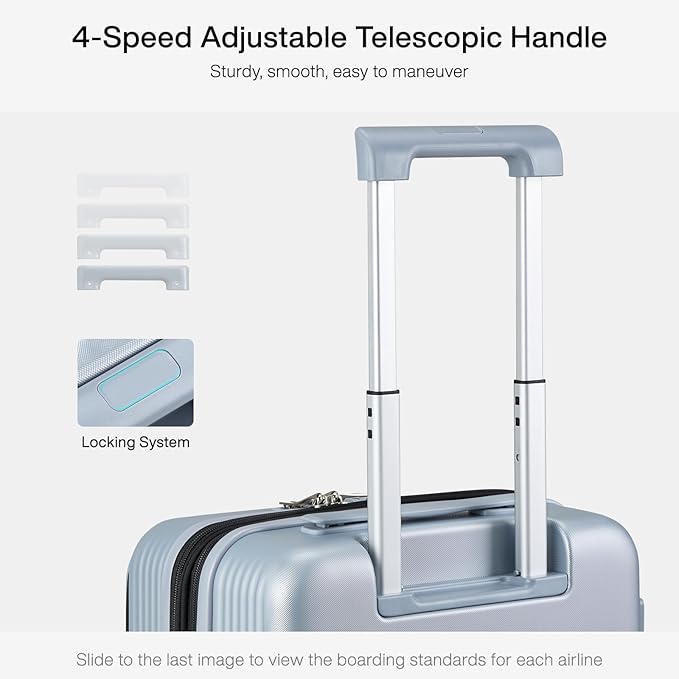 Hanke Grace Expandable Carry On Luggage with Wheels Airline Approved Hard Shell Suitcases with Front Pocket，Top Opening Luggage with TSA Lock for Short Business Travel, Grey.