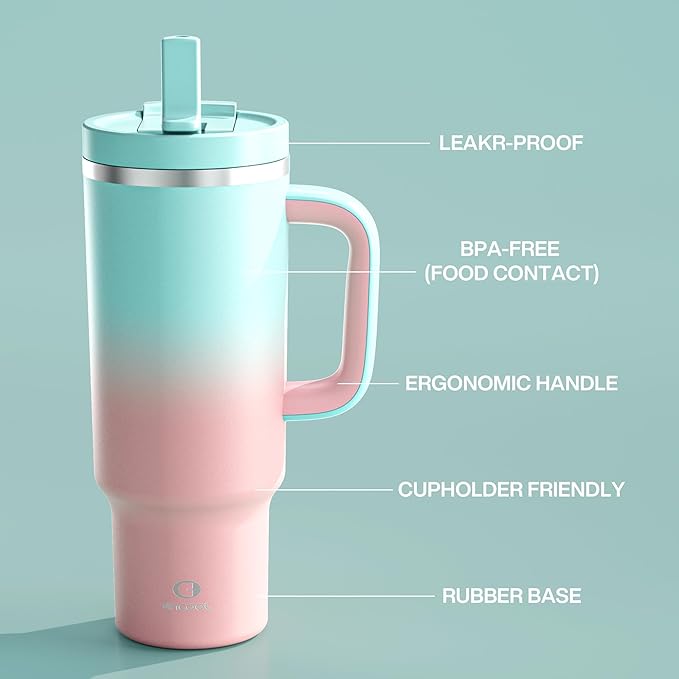 40 oz Tumbler with Handle and Straw: Stainless Steel Insulated Tumbler Keeps Cold for 24 Hours, Leakproof Travel Cup Fits in Cup Holder and BPA-Free, Cherry Blossom