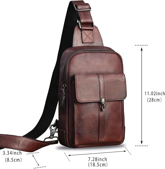 IVTG Genuine Leather Sling Bag Casual Shoulder Hiking Backpack Vintage Handmade Crossbody Bag Retro Chest Daypack (Coffee)