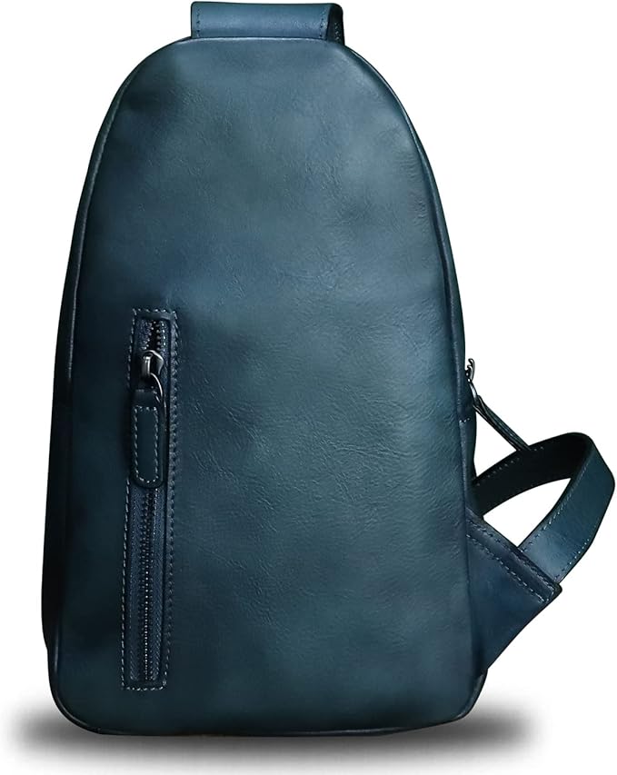 Genuine Leather Sling Bag Crossbody Purse Handmade Hiking Daypack Motorcycle Bag Retro Shoulder Backpack Vintage Chest Bag (NavyBlue)