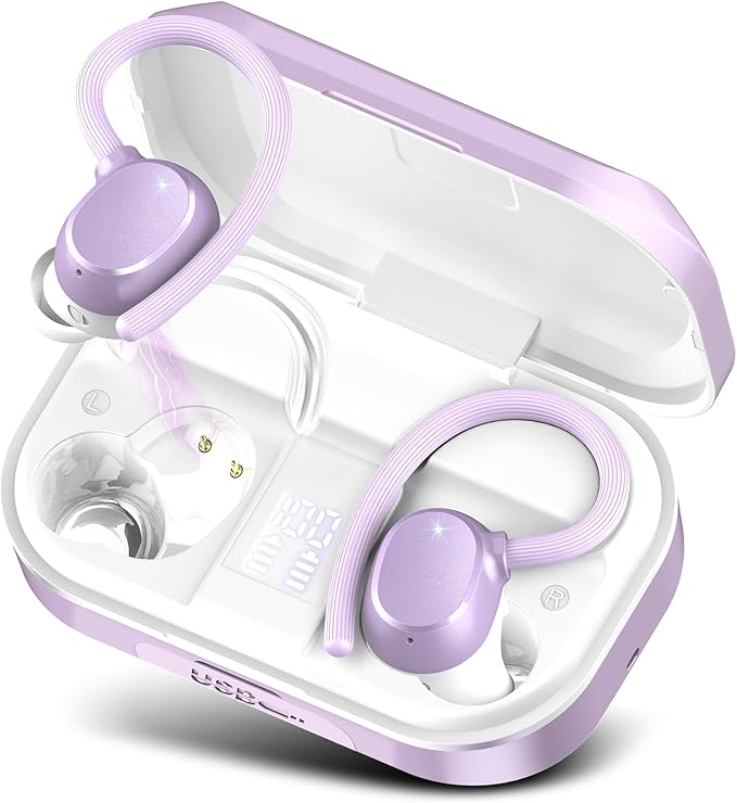Wireless Earbuds Bluetooth Headphones 120hrs Playtime HiFi Stereo Wireless Headphones with Mic Deep Bass Earphones with Dual LED Display USB-C IP7 Waterproof Earbuds for Running Sports Purple
