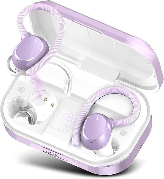 Wireless Earbuds Bluetooth Headphones 120hrs Playtime HiFi Stereo Wireless Headphones with Mic Deep Bass Earphones with Dual LED Display USB-C IP7 Waterproof Earbuds for Running Sports Purple