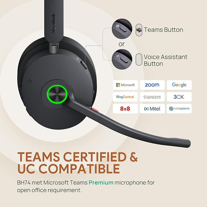 Yealink BH74 with Stand Active Noise Canceling Wireless Headset with Mic for Work, 6-mics Hybrid ANC Microsoft Teams Premium Open Ofﬁce Certified Headsets Bluetooth 5.3, up to 32h Talk, UC Compatible