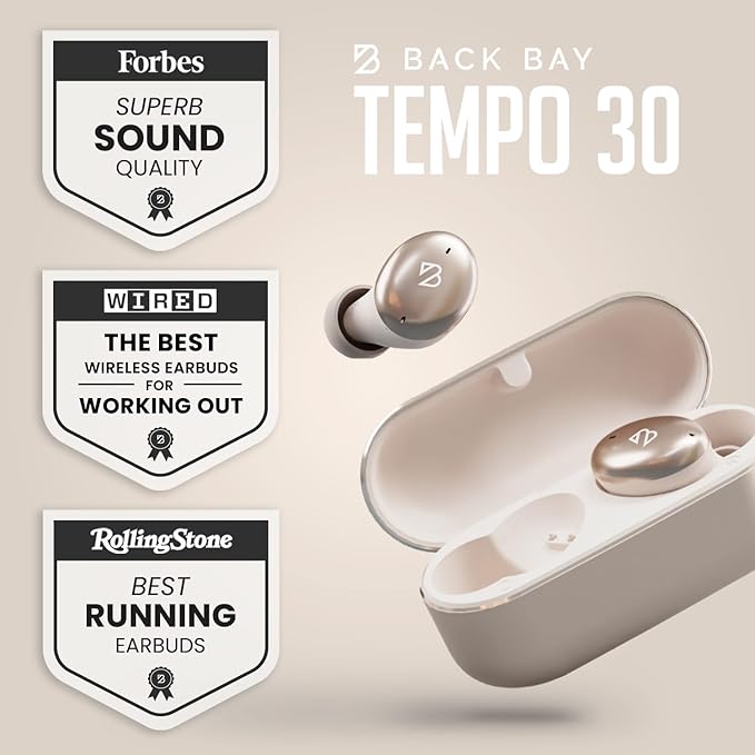 Back Bay Audio Tempo 30 Wireless Earbuds for Small Ears - Award-Winning Sound, Sweatproof Bluetooth Earbuds, Comfortable Ear Buds for Women, Gold Earphones Small Ear Canals, Long Battery Headphones