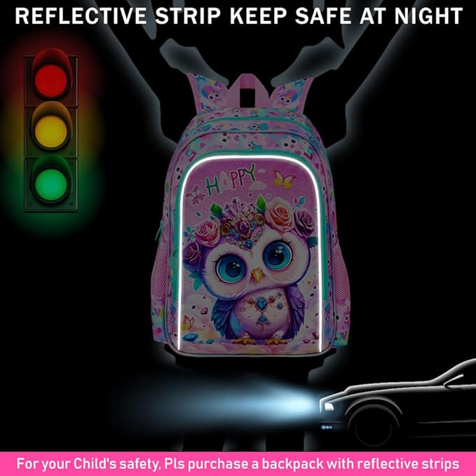 16" Backpack for Girls, 3Pcs Owl Kids Bookbag for Elementary Preschool Kindergarten, School Backpacks with Lunch Box(Pink)