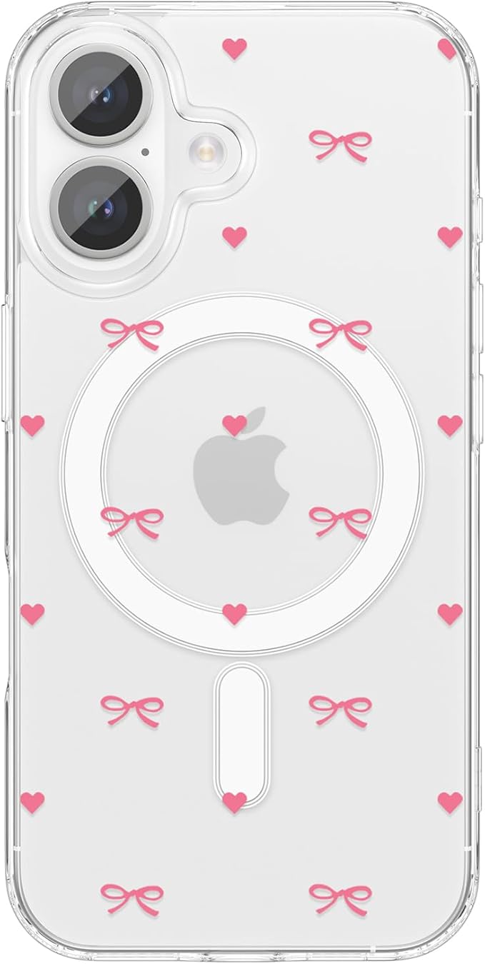 ZTOFERA for iPhone 16 Plus Magnetic Case Clear,Cute Love Heart Ribbon Bow Tie Aesthetic Phone Case,Transparent Trendy Slim Soft Shockproof Protective Phone Cover for Women Girls,Rose Pink