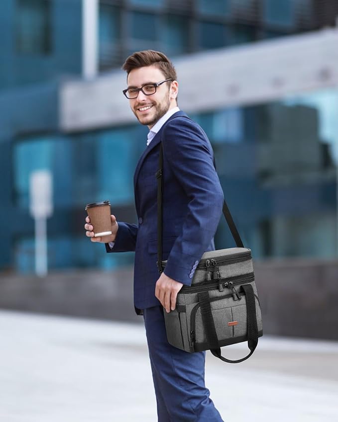 Lunch Box for Men Women Double Deck Insulated Lunch Bag for Men Woman Leakproof Expandable Cooler Bag with Adjustable Shoulder Strap for Work Picnic School(Gray‌,16L)