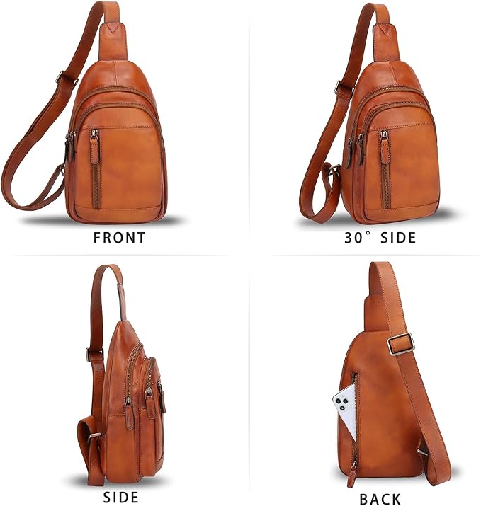 IVTG Genuine Leather Sling Bag Chest Shoulder Pack Crossbody Casual Daypack Vintage Handmade Hiking Backpack Motorcycle Bag (Brown) Medium