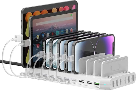 Multiple Device USB Charging Station, 10 Ports Charging Station for Multiple Devices, USB Charging Dock with Adjustable Dividers Compatible with Tablets, Smartphones-60W