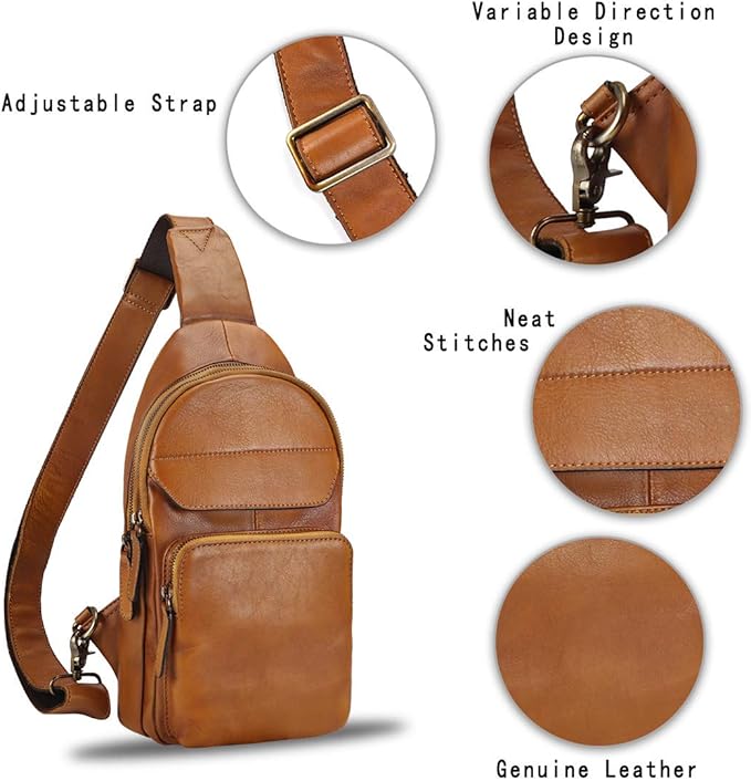 Genuine Leather Sling Bag for Man and Women Crossbody Purse Handmade Retro Shoulder Backpack Vintage Chest Bags