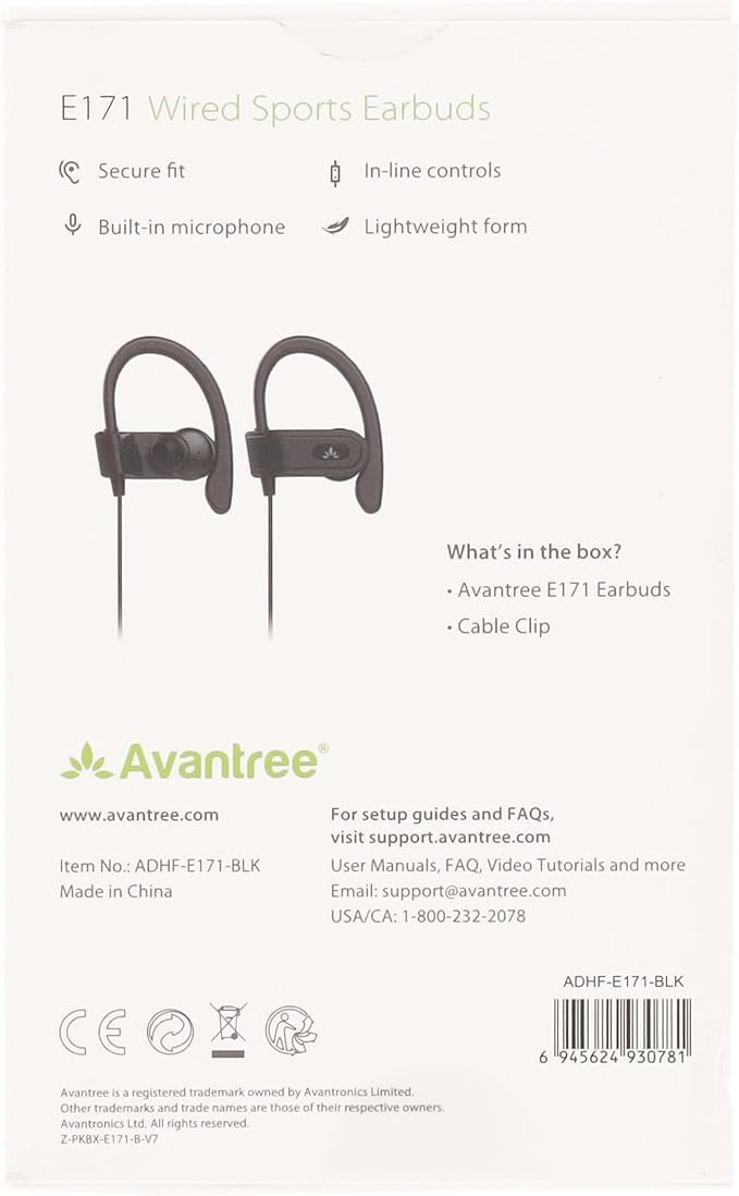 Avantree E171 - AUX 3.5mm Wired Earbuds with Microphone & in-Line Volume Control, Compatible with Traditional 3.5mm AUX Phones Corded Headphones with Ear Hook for Running & Sports, Black
