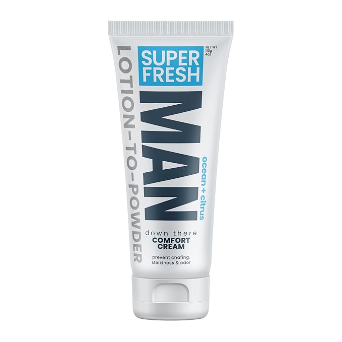 Super Fresh Ball Deodorant Powder Lotion Comfort Cream for Man Parts Groin Butt and Body Hygiene Controls Odor Stops Chafing and Itch Absorbs Sweat Aluminum Free Formula in 4 oz Tube