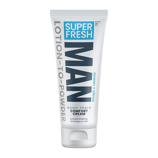 Super Fresh Ball Deodorant Powder Lotion Comfort Cream for Man Parts Groin Butt and Body Hygiene Controls Odor Stops Chafing and Itch Absorbs Sweat Aluminum Free Formula in 4 oz Tube