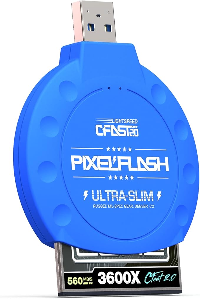PixelFlash CFast 2.0 Card Reader (Blue) - Memory Card Adapter with USB 3.0, 500Mb/s File Transfer, Ultra-Slim & Anti-Slip Rubber Shell, Compatible with Most Brands & OS
