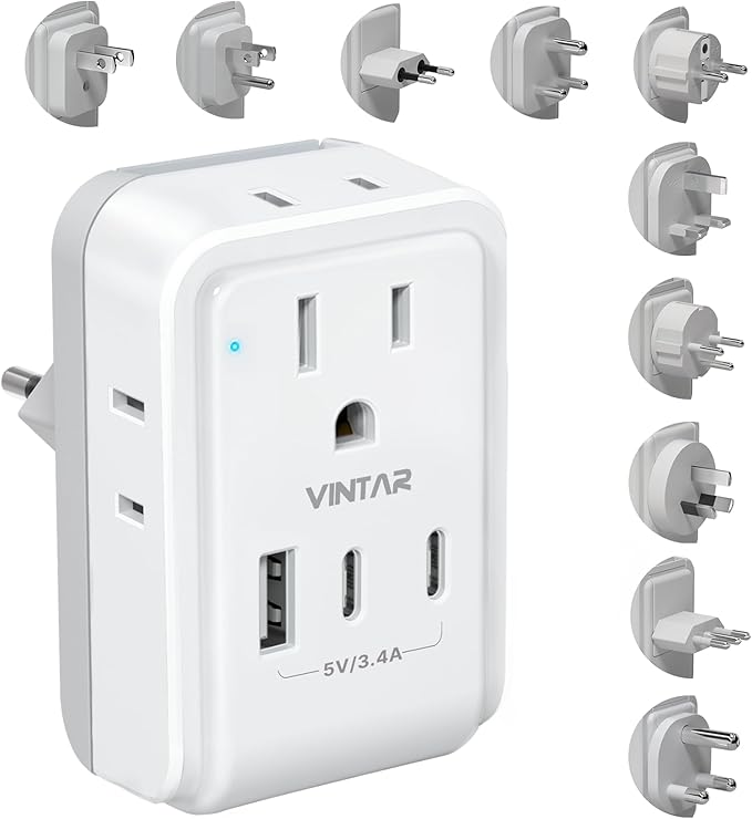 VINTAR Universal Travel Adapter Kit, International Power Adapter with 4AC and 3USB Ports(2 USB-C), Type A,B,C,D,E/F,G,H,I,L,M Swap Adapt Attachments, Travel Adapter Worldwide for Europe/Africa/India