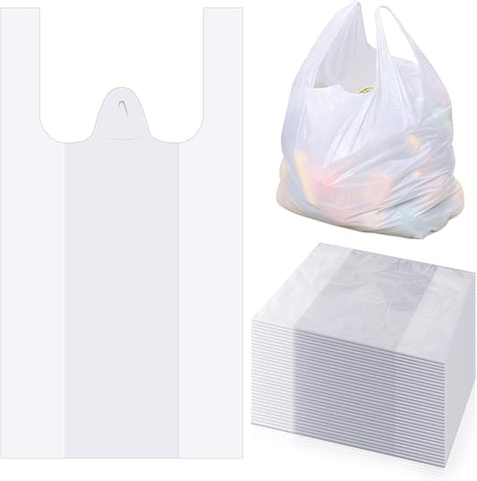 Kisston 400 Count Jumbo Size Plastic T Shirt Bags with Handles, 35 Mic, XX Large Plain Plastic T Shirt Grocery Bags, Thick and Heavy Duty (White,28" x 17")