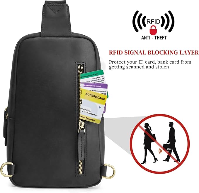 S-ZONE Sling Bag for Men Women RFID Blocking Top Grain Leather Crossbody Shoulder Bag Chest Hiking Daypack Travel