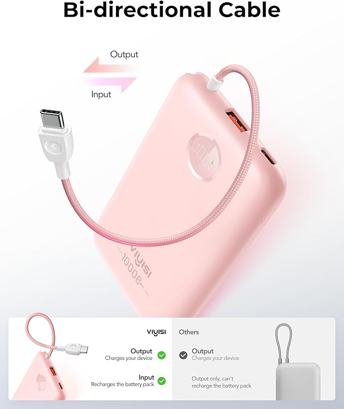 Slim Portable Charger 10000mAh, Travel Power Bank with Built-in USB-C Cable & LED Display, 22.5W Fast Charging Battery Pack Compatible with iPhone 16 15 Samsung S24 S23 -Pink