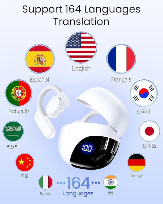 AI Translation Earbuds Real Time 164 Languages 80H Playtime Translator Ear Buds Audifonos Traductores Inglés Español Wireless Earphones Bluetooth Headphones for Travel Business Meeting Learning White
